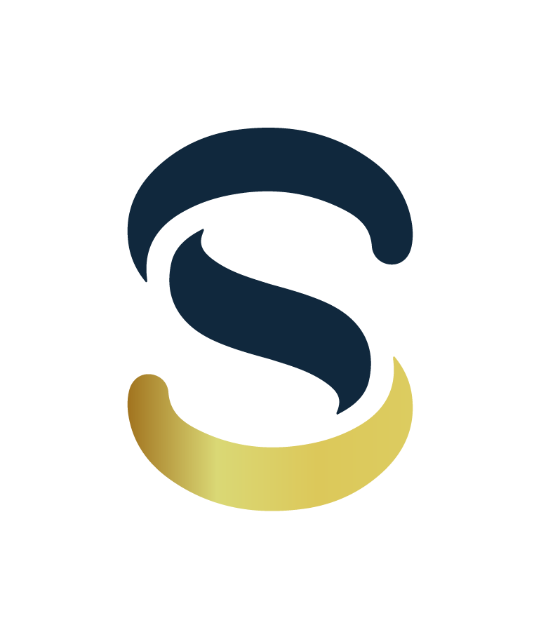 Logotipo da Solutia Odontologia: letra S em azul-marinho com meia-lua dourada